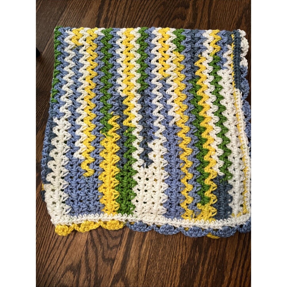 Handmade Crochet Knit Baby Blanket Afghan Size 33 x 30 Blue Green Yellow